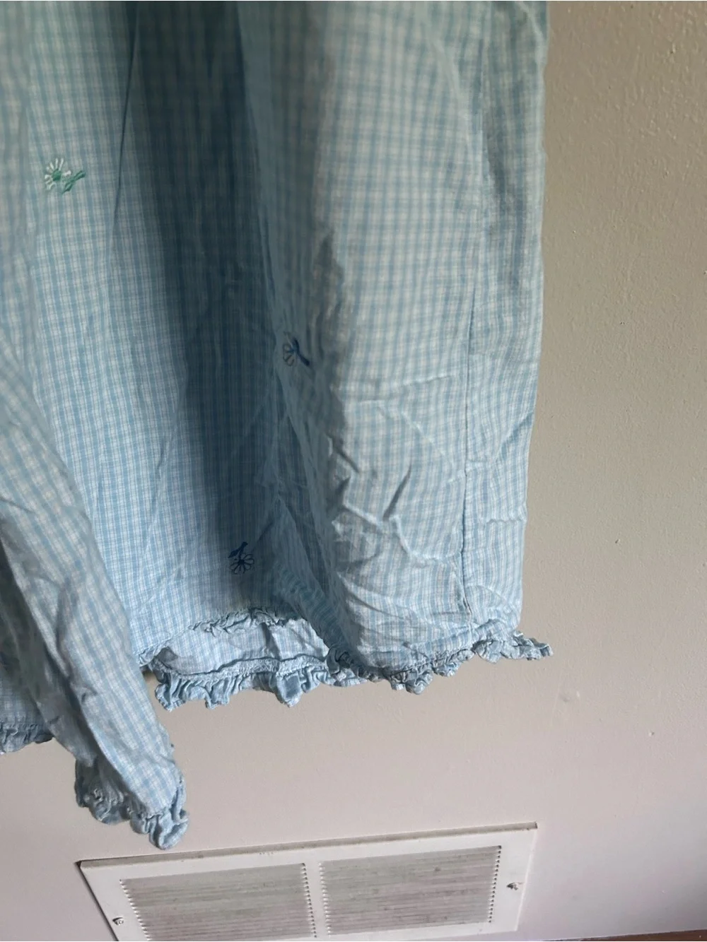 Vintage Amanda Stewart blue gingham floral embroidered ruffle hem nightgown